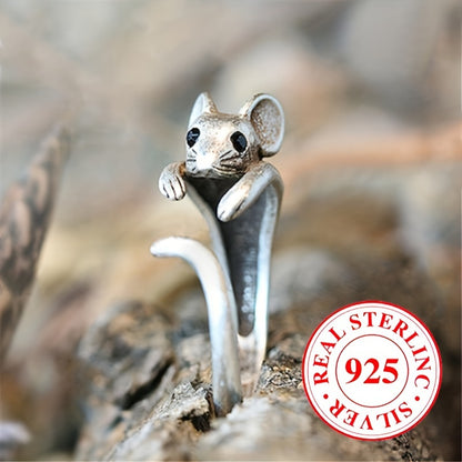 3.5g 925 Sterling Silvery Retro Boho Mouse Design Adjustable Ring for Men and Women, Party Vacation Hip-Hop Trendy Accessory