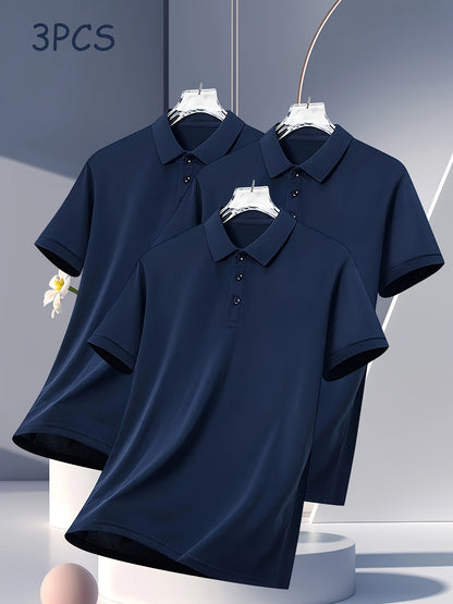 3pcs Men's Casual Shirts - Breathable Polyester, Button-Up, Short Sleeve in Black, White, & Navy - Ideal for Summer Sports & Leisure