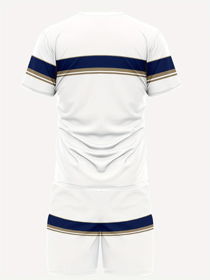 Men'S Athletic T-Shirt & Shorts Set - Navy Blue & White, Drawstring Waist, Sleeveless, Summer Sportswear, Casual Attire|Sporty Look|Comfortable Fi