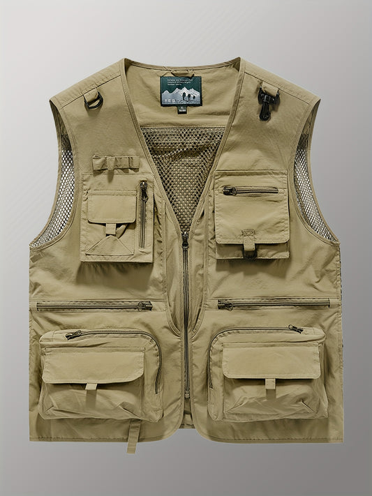 Gilet en Nylon pour Hommes | Conception à Multipoches pour Activités Extérieures | Panneaux en Maille Respirante et Poches Zippées | Polyvalent Toutes Saisons | Idéal pour la Randonnée, la Pêche & l'Entraînement | Durable & Confortable | Vert Olive