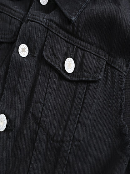 Veste décontractée en denim pour homme - Style moto, couleur unie, boutonnage, tissu non extensible, idéale pour le printemps\u002Fl'automne