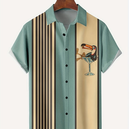 Men'S Casual Short Sleeve Shirt with Cocktail Glass Bird Print, Striped and Beige Design, Button-Up Collared Summer Top for Casual Attire, Leisure Clothing|Trendy Casual Style|Stylish Casualwear