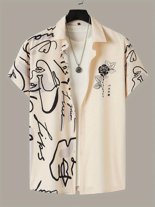 Men's Casual Short Sleeve Button-Up Shirt with Artistic Rose & Calligraphy Print - White with Beige Contrast, Breathable Summer Shirt, Machine Washable Regular Fit for Outdoor & Casual Wear, Nontransparent Fabric