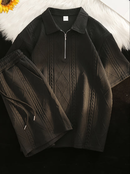 Retro Style 2pcs Men's Casual Summer Outfit Suits, Geometric Pattern Design Short Sleeve Lapel Shirt Top And Shorts Suit