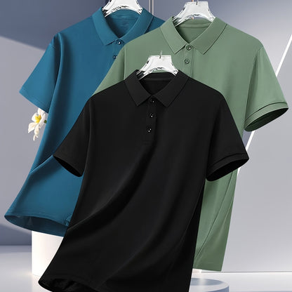 3pcs Men's Summer Shirts - Breathable Short Sleeve Casual & Business Casual Tops with Classic Collar, Loose Fit, Solid Color (Navy\u002FOlive\u002FBlack) - 2025 Trending Styles