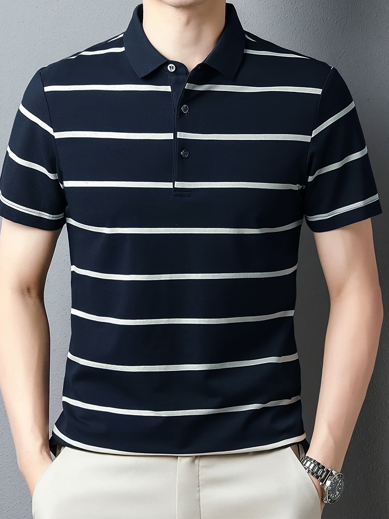 Men'S Navy & White Striped Polo Shirt - Casual Summer Golf Shirt with Short Sleeves, Button-Up, and Collared Design, Perfect for Outdoor Activities and Gifts, Casual Summer Wear | Casual Style | Polyester Fabric