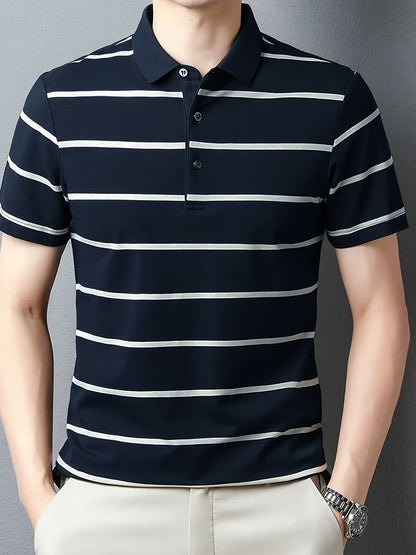 Men'S Navy & White Striped Polo Shirt - Casual Summer Golf Shirt with Short Sleeves, Button-Up, and Collared Design, Perfect for Outdoor Activities and Gifts, Casual Summer Wear | Casual Style | Polyester Fabric