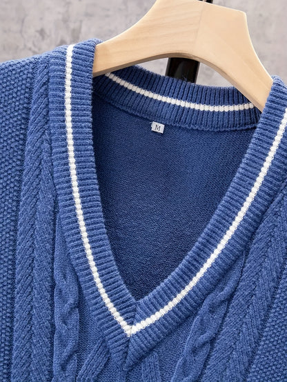 Gilet sans manches en viscose bleue pour homme - Design torsadé décontracté et sportif, col en V, élasticité moyenne, idéal pour la randonnée, les tenues décontractées et les activités de plein air.