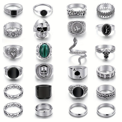 24pcs Silvery Vintage Men's Ring Set with Skull and Heart Snake Gothic Style Rings