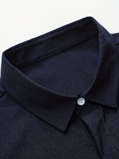 Men's Navy Blue Casual Short-Sleeve Shirt with Invisible Button Detail - Perfect for Beach, Summer Parties, Camping, and Outdoor Activities, Beach Party Attire | Mandarin Collar Shirt | Solid Color Top