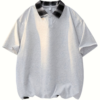 Men'S Casual Color Block Polo Shirt - Short Sleeve, Breathable Polyester, Summer Essential with Yellow and White Check Collar, Relaxed Fit for Weekend Attire, Casual Summer Shirt | Check Pattern Shirt | Polyester Fabric