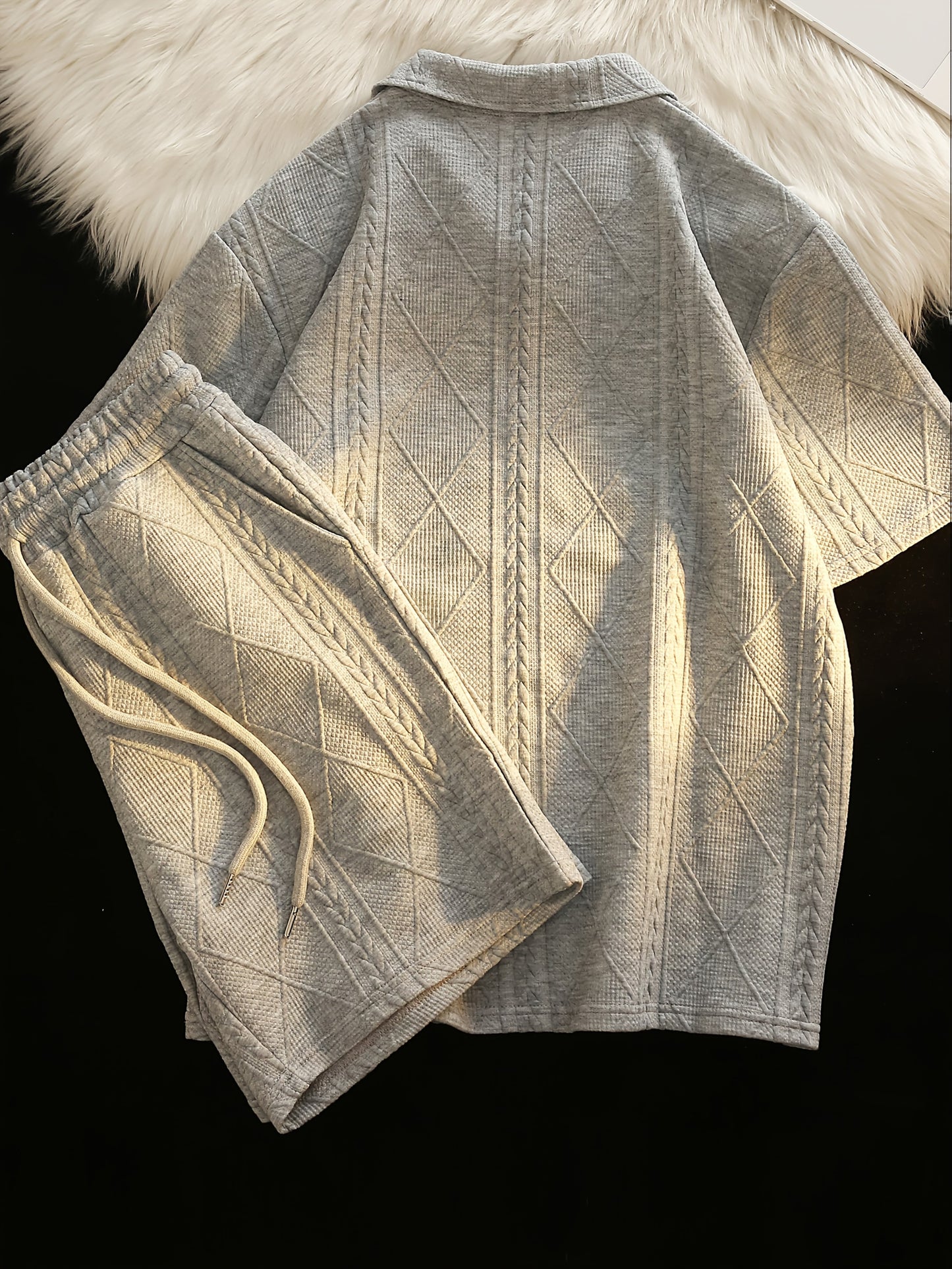 Retro Style 2pcs Men's Casual Summer Outfit Suits, Geometric Pattern Design Short Sleeve Lapel Shirt Top And Shorts Suit