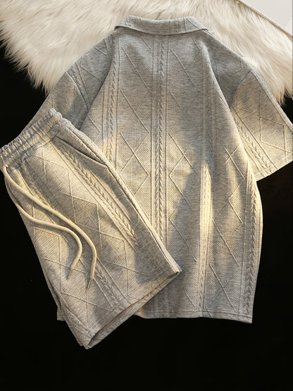 Retro Style 2pcs Men's Casual Summer Outfit Suits, Geometric Pattern Design Short Sleeve Lapel Shirt Top And Shorts Suit