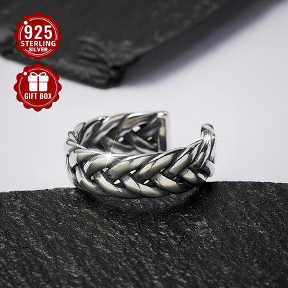 1PC 925 Sterling Silver Vintage Couple Braided Rope Ring Aged Geometric Open Ring For Men And Women Holiday Birthday Anniversary Gift (about 4.49g)