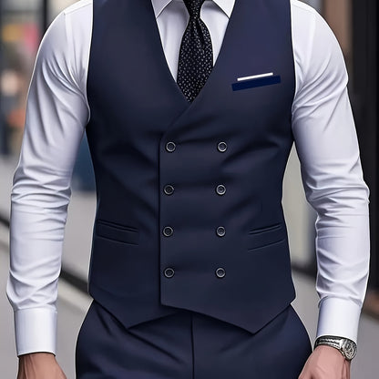 Gilet Sans Manches à Double Boutonnage pour Homme - Noir, Col en V, Léger et Élégant pour Affaires ou Occasions Formelles
