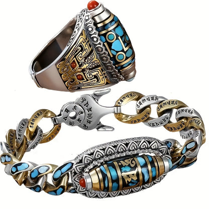 2pcs Six-Character Mantra Nine-Eye Dzi Bracelet Ring, Men'S Fortune, Gift