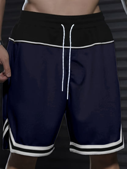 Men's Color Block Striped Shorts With Pockets, Active Elastic Waist Drawstring Shorts For Summer Fitness
