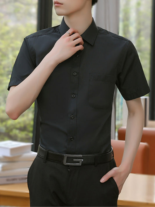 Men'S Solid Color Short Sleeve Dress Shirt - Business Casual Button-Up with Collar, Regular Fit for Office, Parties & Casual Outings (Spring\u002FFall), Short Sleeve Dress Shirt, Spring Fall Attire, Classic Collar, Nonstretch Fabric