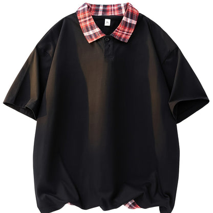 Men'S Casual Color Block Polo Shirt - Short Sleeve, Breathable Polyester, Summer Essential with Yellow and White Check Collar, Relaxed Fit for Weekend Attire, Casual Summer Shirt | Check Pattern Shirt | Polyester Fabric