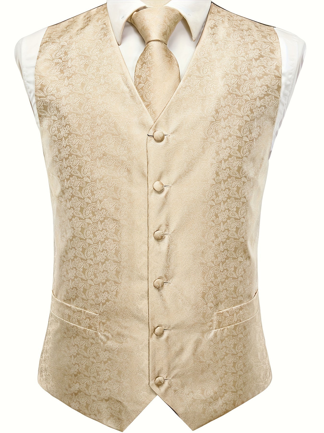 Gilet élégant en jacquard cachemire pour homme avec cravate + mouchoir + boutons de manchette pour mariage\u002Foccasions spéciales