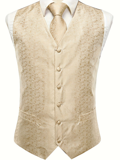 Gilet élégant en jacquard cachemire pour homme avec cravate + mouchoir + boutons de manchette pour mariage\u002Foccasions spéciales