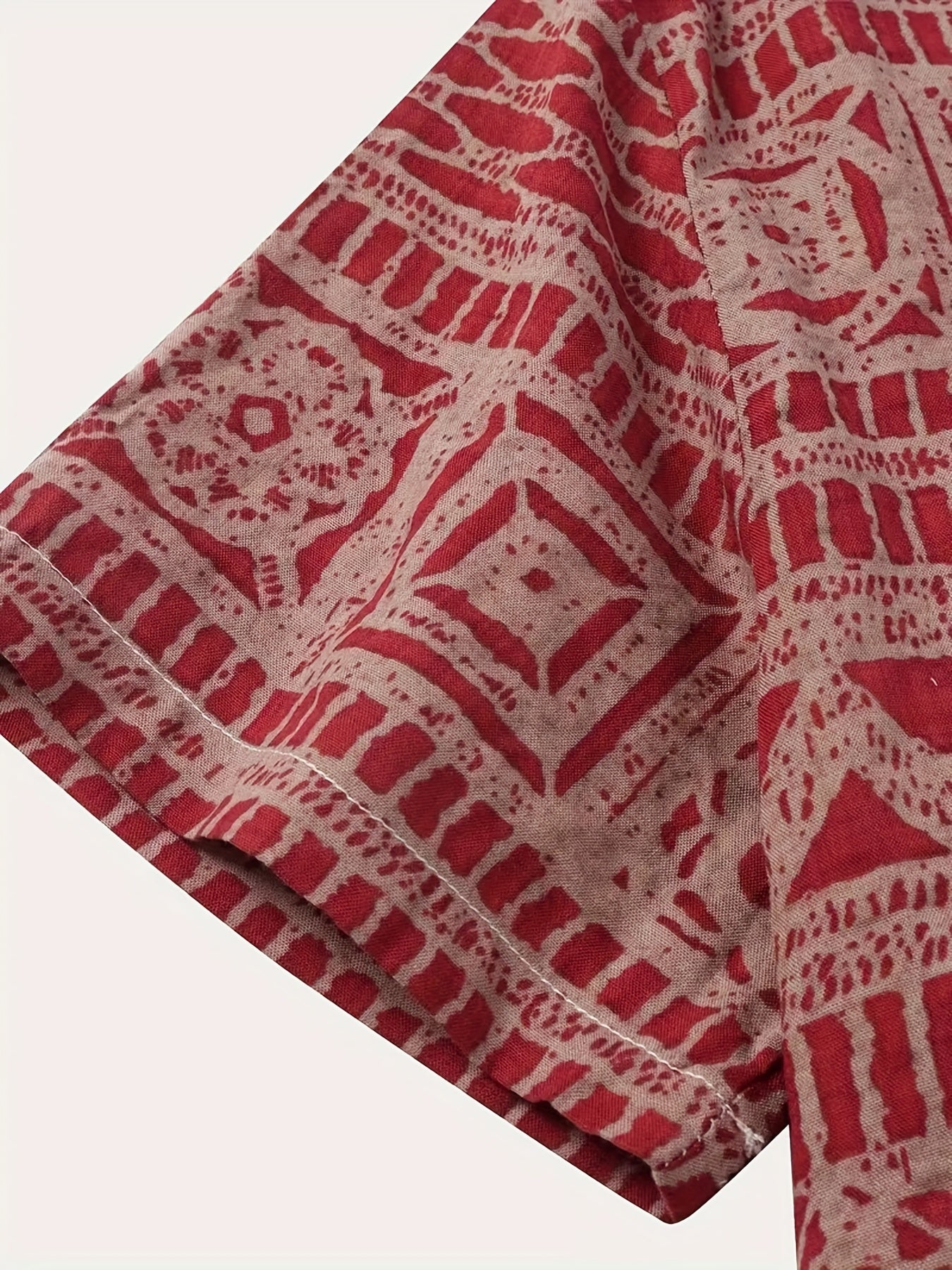 Men's Casual Short-Sleeve Button-Up Shirt with Vibrant Red & White Geometric Print - Lightweight Polyester, Machine Washable, Perfect for Summer Outings, Relaxed Fit Shirt | Ethnic Print Shirt | Polyester Fabric