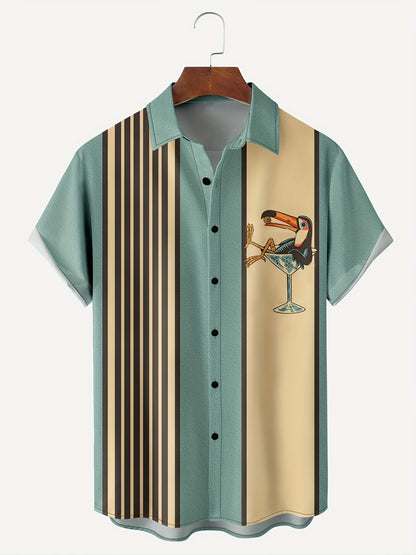 Men'S Casual Short Sleeve Shirt with Cocktail Glass Bird Print, Striped and Beige Design, Button-Up Collared Summer Top for Casual Attire, Leisure Clothing|Trendy Casual Style|Stylish Casualwear