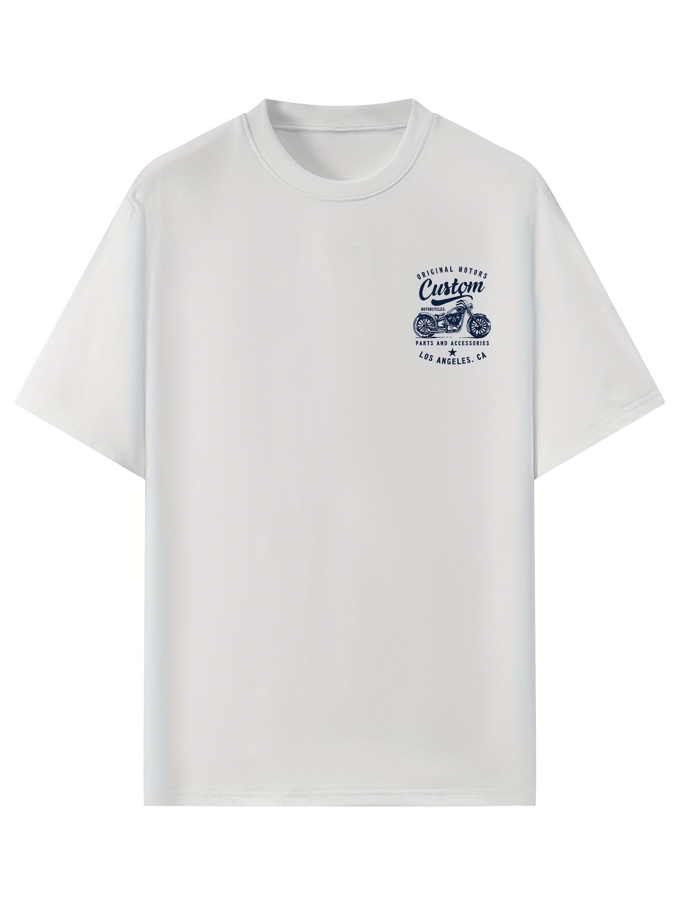 Men's Original Motorcycles Graphic T-Shirt - Casual Street Style Short Sleeve Crewneck Tee, White with Blue Print, Polyester Blend, Los Angeles Parts & Accessories Design