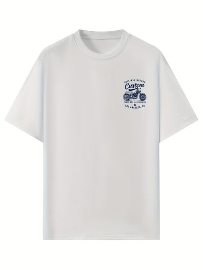 Men's Original Motorcycles Graphic T-Shirt - Casual Street Style Short Sleeve Crewneck Tee, White with Blue Print, Polyester Blend, Los Angeles Parts & Accessories Design