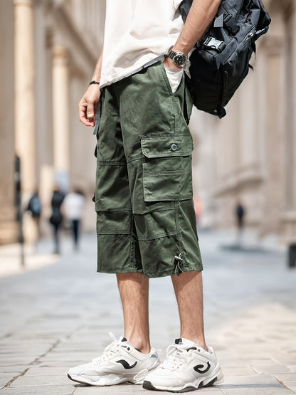 Men'S Outdoor Casual Cargo Shorts with Multiple Pockets, Knee-Length, Featuring an Elastic Waistband And Button Closure, Suitable for Outdoor Adventures, Fishing, Hiking, And Various Outdoor Activities.