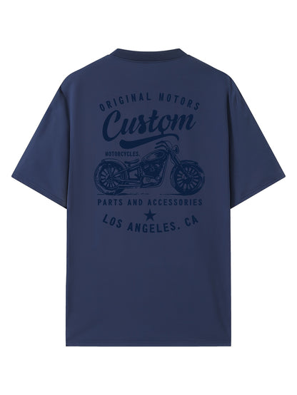 Men's Original Motorcycles Graphic T-Shirt - Casual Street Style Short Sleeve Crewneck Tee, White with Blue Print, Polyester Blend, Los Angeles Parts & Accessories Design