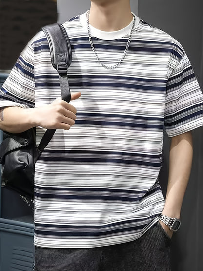 Men'S Summer Casual Striped T-Shirt, Crew Neck, Loose Fit, Polyester 95% Spandex 5%, Medium Stretch Knit Fabric, 180gsm - Fashionable Tee for Men