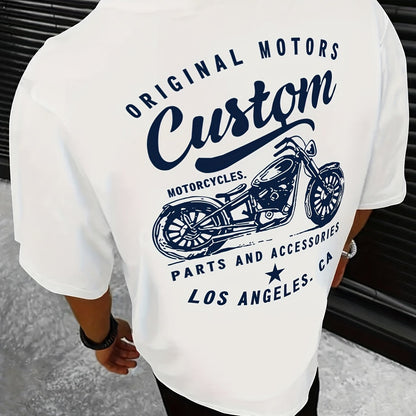 Men's Original Motorcycles Graphic T-Shirt - Casual Street Style Short Sleeve Crewneck Tee, White with Blue Print, Polyester Blend, Los Angeles Parts & Accessories Design