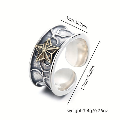 1pc s925 Pure Silver Retro Neutral Water Ripple Set with Copper Stars Thai Silver Ring, Punk Trendy Ring for Men and Women, Suitable for Parties, Approx. 7.4g