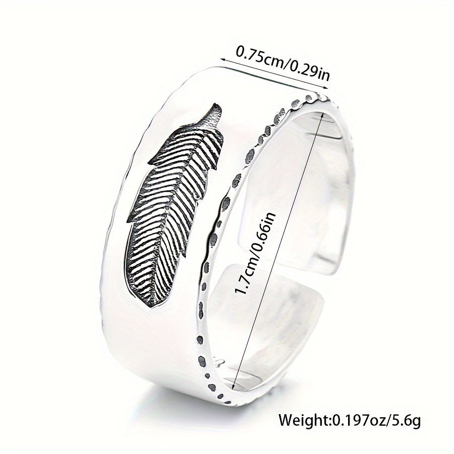 1PCS925 Sterling Silver Low Sensitivity Wide Edition Heavy Work Texture Feather Imprint Open Ring Hip Hop Retro Style For Rock Party Bundy Men's Women's Universal Couple Ring (about 5.6g)