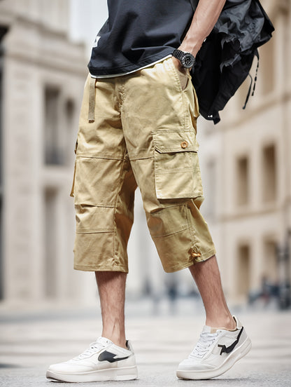 Men'S Outdoor Casual Cargo Shorts with Multiple Pockets, Knee-Length, Featuring an Elastic Waistband And Button Closure, Suitable for Outdoor Adventures, Fishing, Hiking, And Various Outdoor Activities.