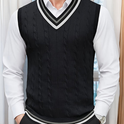 Gilet Homme Sans Manches Col en V Tricoté, Design Décontracté et Rétro, Idéal pour l'Automne et l'Hiver, Parfait pour un Look Décontracté et Sophistiqué en Toute Occasion