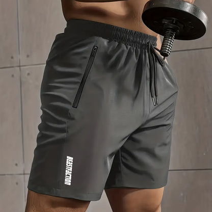 Men's Solid Shorts With Zipper Pockets, Active Elastic Waist Drawstring Shorts For Summer Outdoor Fitness