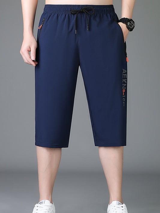 2pcs Men's Mid-Thigh Athletic Shorts with Drawstring & Zipper Pockets - Stylish Letter Print Design, Black & Navy Blue, Perfect for Gym, Casual Wear, Yoga, and Outdoor Activities, Modern Sports Apparel | Durable Sportswear