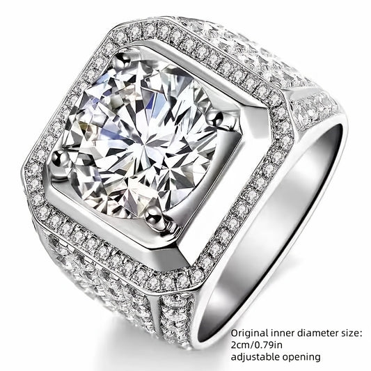 1 Carat Moissanite Engagement Ring for Men, Elegant 925 Silvery Plated Faux Diamond Band, Hip Hop Style, Single Ring Jewelry