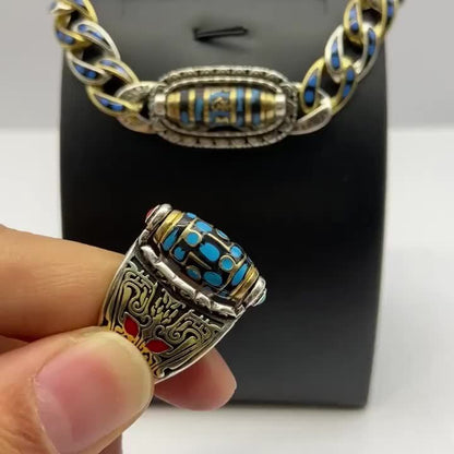 2pcs Six-Character Mantra Nine-Eye Dzi Bracelet Ring, Men'S Fortune, Gift