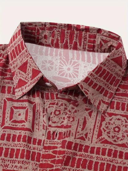 Men's Casual Short-Sleeve Button-Up Shirt with Vibrant Red & White Geometric Print - Lightweight Polyester, Machine Washable, Perfect for Summer Outings, Relaxed Fit Shirt | Ethnic Print Shirt | Polyester Fabric