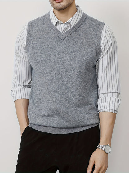 1pc Gilet sans manches en tricot à col en V uni pour homme - Pullover en polyester légèrement extensible pour le printemps\u002Fl'automne - Débardeur en tricot ajusté