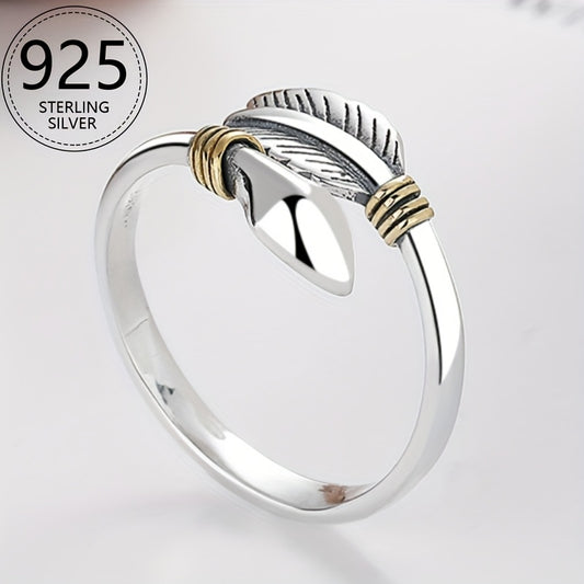 XKV Brand 925 Sterling Silvery Vintage Arrow Feather Design Open Ring, Street Style Fashion Elegant Adjustable Band, Unique Antique Finish, Gift for Girlfriend, Approx 3g