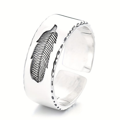 1PCS925 Sterling Silver Low Sensitivity Wide Edition Heavy Work Texture Feather Imprint Open Ring Hip Hop Retro Style For Rock Party Bundy Men's Women's Universal Couple Ring (about 5.6g)