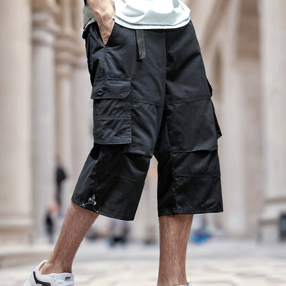 Men'S Outdoor Casual Cargo Shorts with Multiple Pockets, Knee-Length, Featuring an Elastic Waistband And Button Closure, Suitable for Outdoor Adventures, Fishing, Hiking, And Various Outdoor Activities.