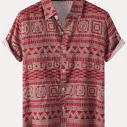 Men's Casual Short-Sleeve Button-Up Shirt with Vibrant Red & White Geometric Print - Lightweight Polyester, Machine Washable, Perfect for Summer Outings, Relaxed Fit Shirt | Ethnic Print Shirt | Polyester Fabric