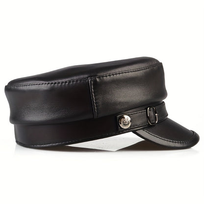 Men's genuine leather sheepskin flat top hat, retro British style, high-quality leather, suitable for all seasons