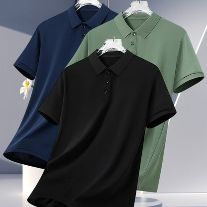3pcs Men's Summer Shirts - Breathable Short Sleeve Casual & Business Casual Tops with Classic Collar, Loose Fit, Solid Color (Navy\u002FOlive\u002FBlack) - 2025 Trending Styles