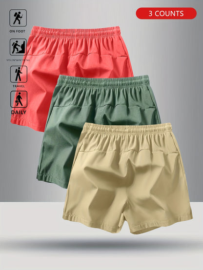 3pcs OBM Men's Moisture-Wicking Lightweight Athletic Shorts with Adjustable Drawstring Waist & Zipper Pocket - Breathable Quick-Dry Gym Running Training Shorts for Summer, Beach, Outdoor Activities (Teal, Burgundy, Navy)